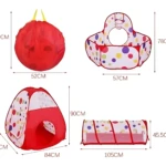 Carpa de juego infantil con túnel y canasta de baloncesto, en rojo y blanco con lunares multicolores. Incluye medidas: 52 cm, 57 cm, 84 cm, 90 cm, 105 cm y 45,5 cm.