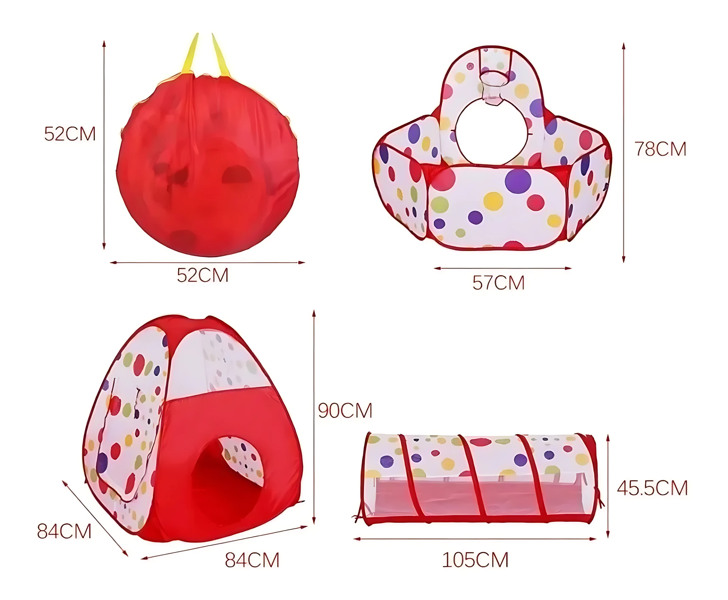 Carpa de juego infantil con túnel y canasta de baloncesto, en rojo y blanco con lunares multicolores. Incluye medidas: 52 cm, 57 cm, 84 cm, 90 cm, 105 cm y 45,5 cm.