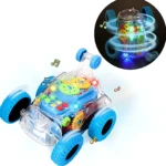 Coche transparente con engranajes visibles, luces y música, ideal para niños. Incluye vista superior en círculo.