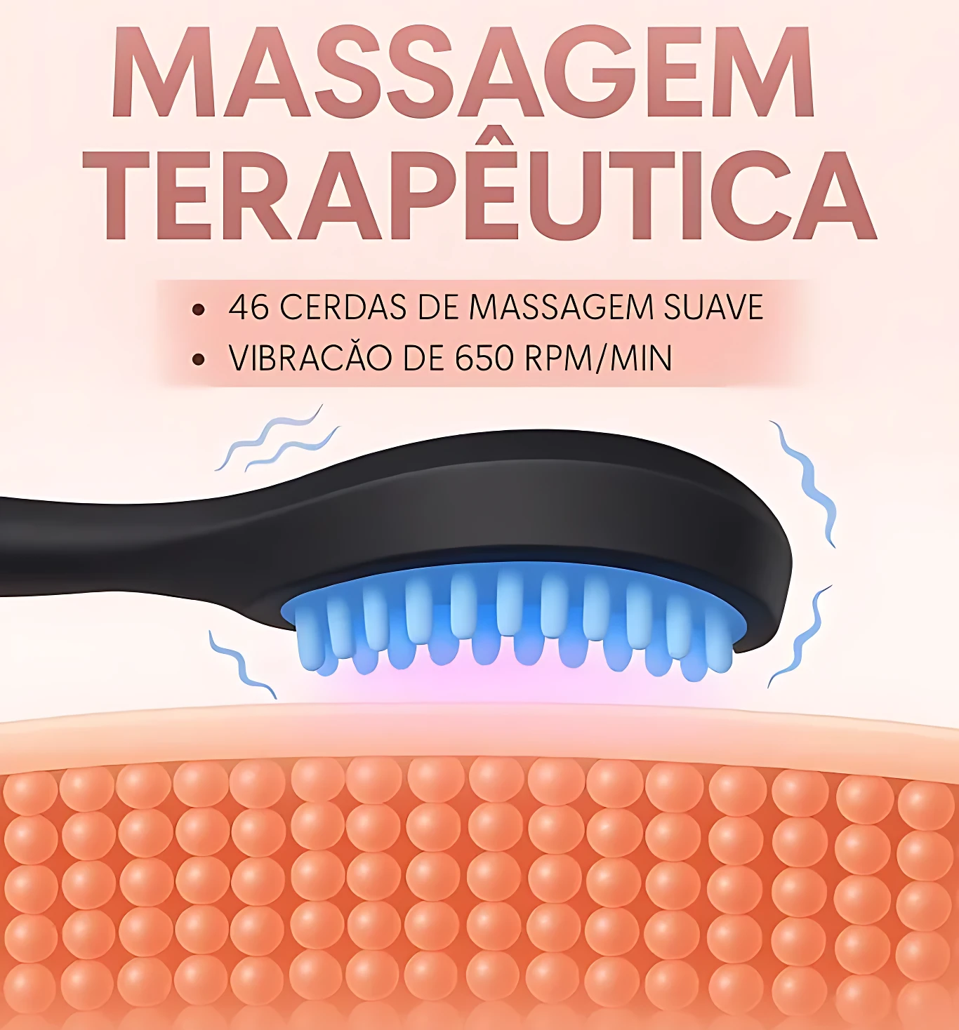 Cepillo masajeador capilar negro con cerdas azules, mostrando vibración de 650 RPM para un masaje suave.