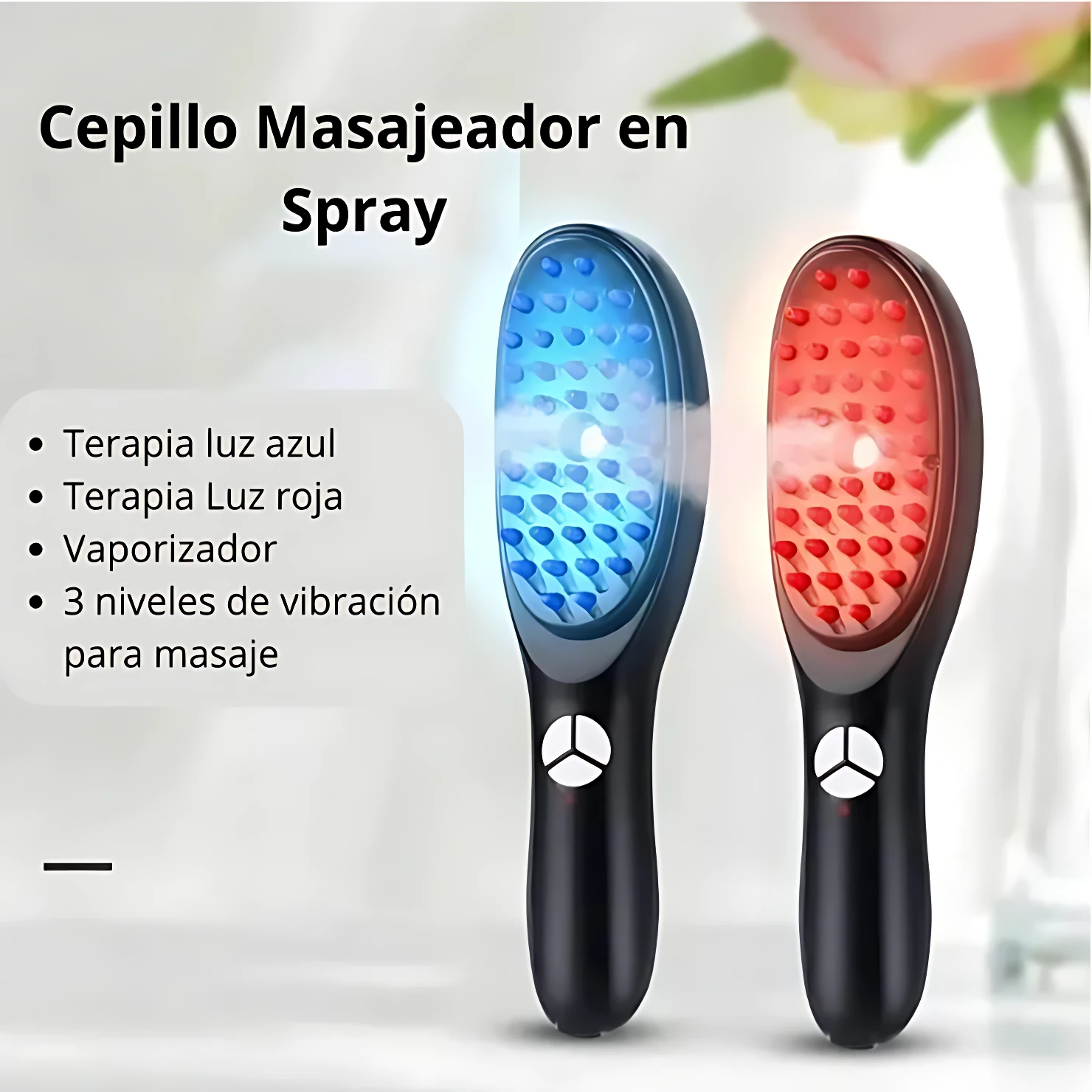 Cepillo masajeador con luz azul y roja, vaporizador y 3 niveles de vibración para cabello.