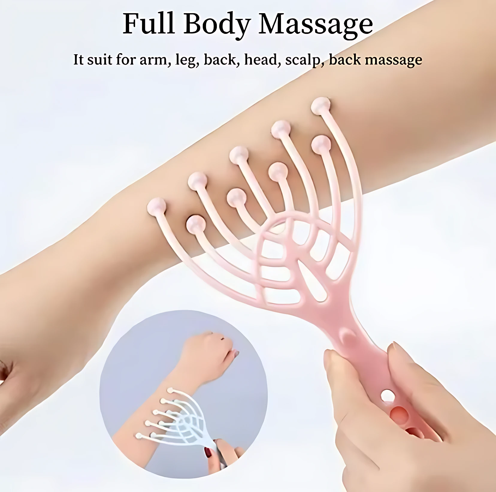 Cepillo masajeador corporal manual rosa con 10 puntas para alivio de estrés, brazos, piernas, cabeza y espalda.
