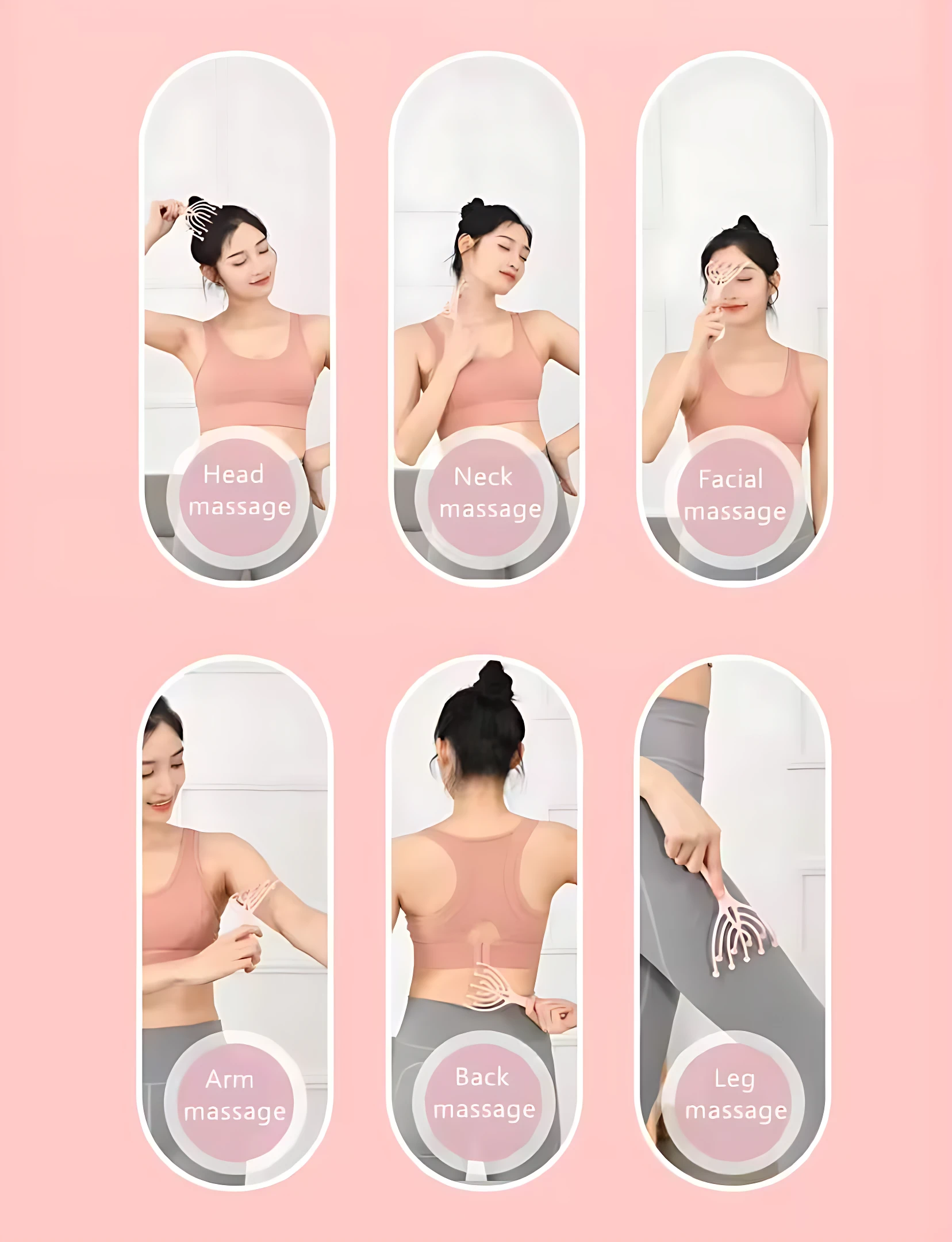 Cepillo masajeador manual rosa para cabeza, cuello, cara, brazo, espalda y pierna. Alivia el estrés.