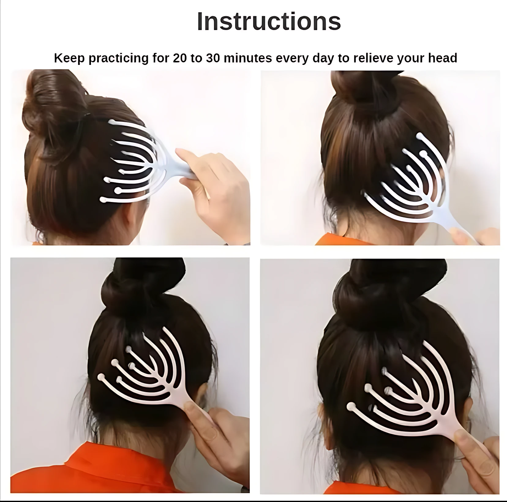 Masajeador manual de cabeza blanco, para aliviar estrés y migrañas.
