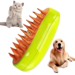 Cepillo vapor para mascotas, verde lima con cerdas naranjas, ideal para gatos y perros, mantiene el pelaje suave.