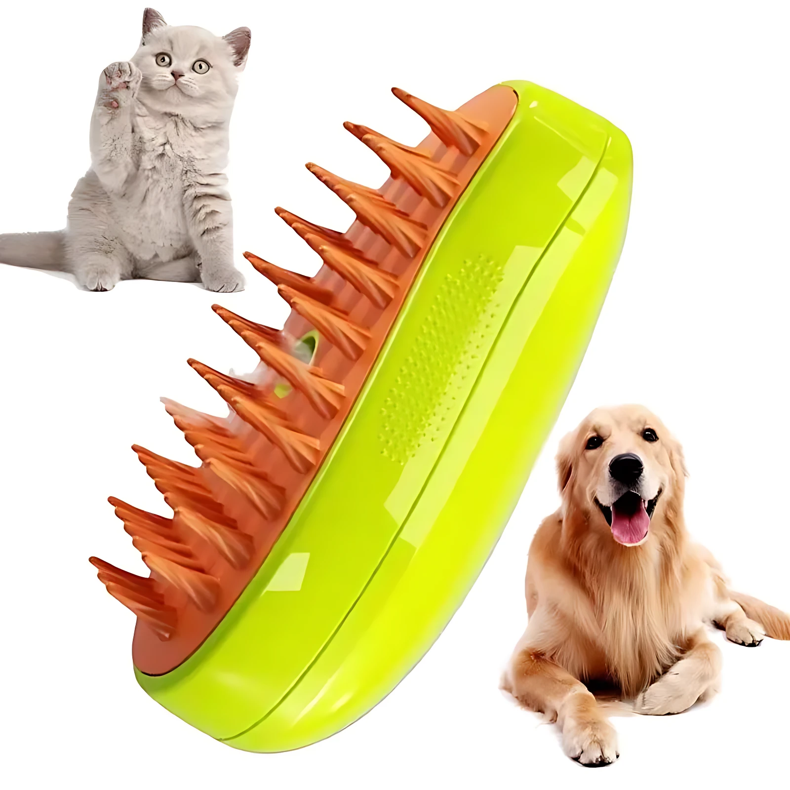 Cepillo vapor para mascotas, verde lima con cerdas naranjas, ideal para gatos y perros, mantiene el pelaje suave.