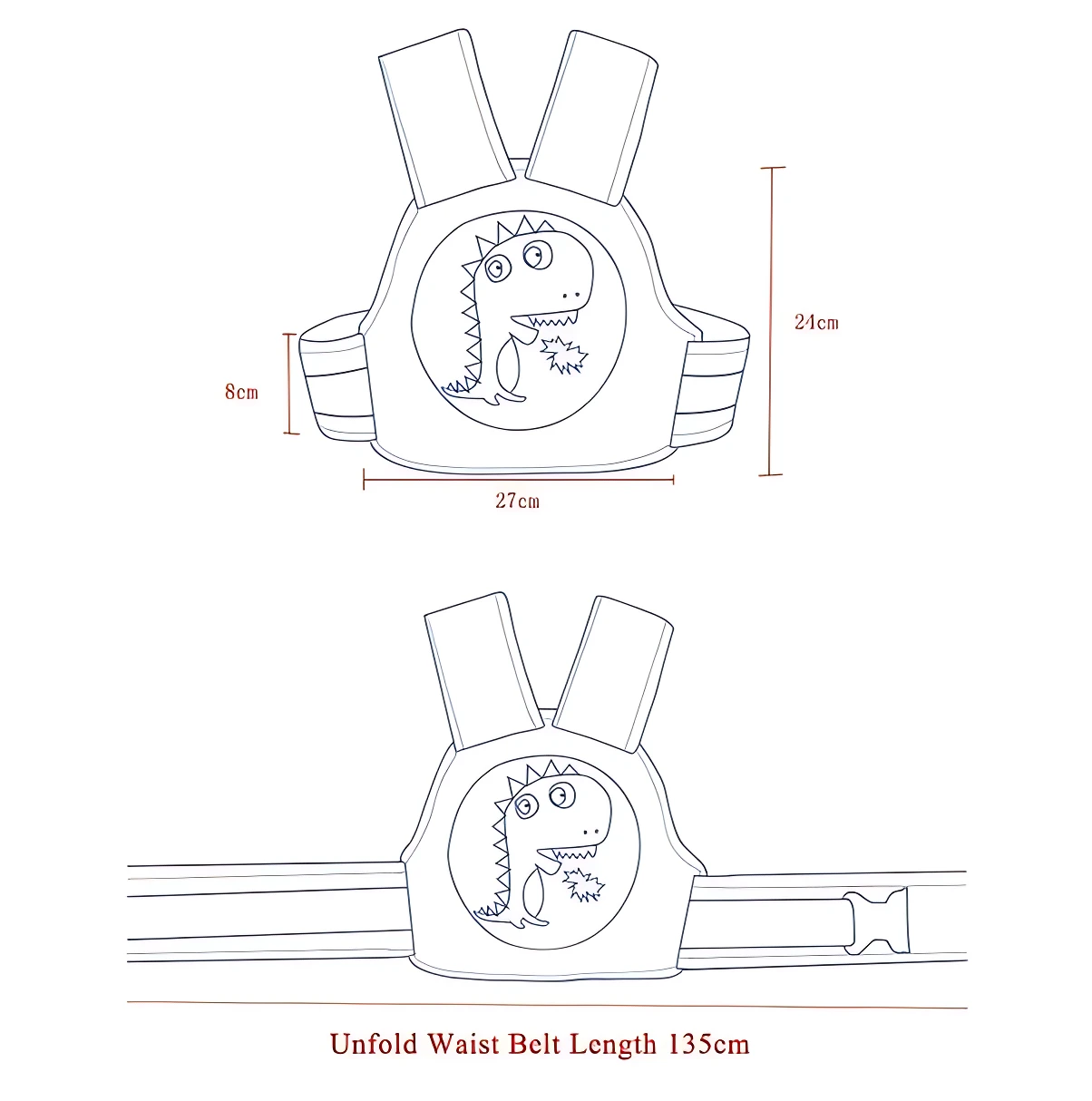 Esquema técnico del chaleco arnés de seguridad para bebé con diseño de dinosaurio, mostrando dimensiones: 27 cm de ancho, 24 cm de alto y 8 cm de profundidad, con cinturón desplegado de 135 cm.