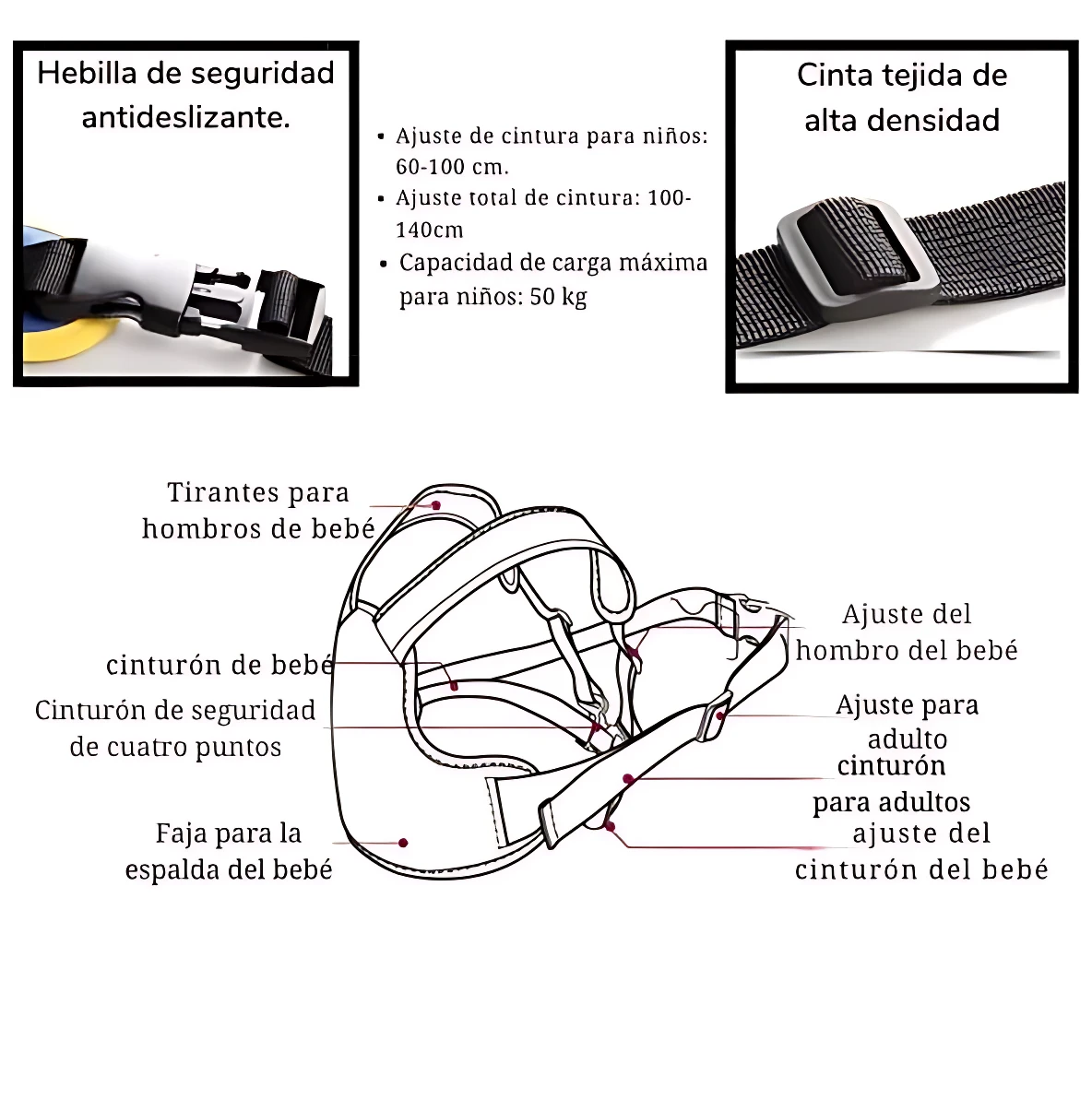 Esquema técnico del arnés de seguridad para bebé en moto, con detalles de ajuste de cinturón (60-100 cm), capacidad de carga máxima 50 kg, tirantes para hombros, cinturón de cuatro puntos y faja para espalda. Incluye cinta tejida de alta densidad y hebilla antideslizante.