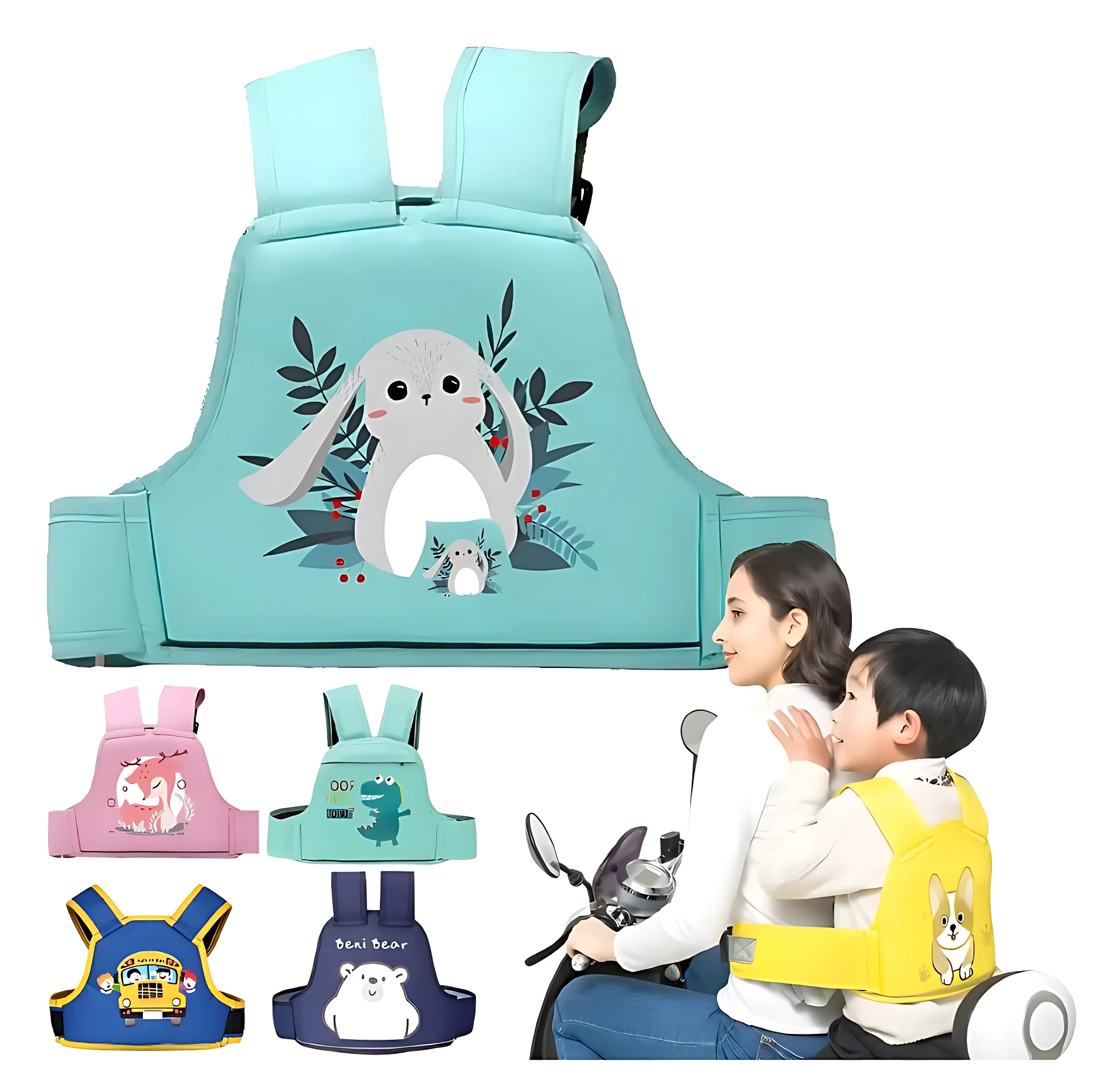 Chaleco arnés de seguridad para bebé en moto, color turquesa con estampado de conejo. Incluye variantes en rosa, azul, amarillo y morado. Se muestra siendo usado por un niño en la espalda de un adulto en motocicleta.