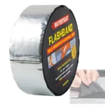 Cinta de aluminio autoadhesiva impermeable, rollo de 5 metros con etiqueta negra que indica resistencia hasta 15 años.