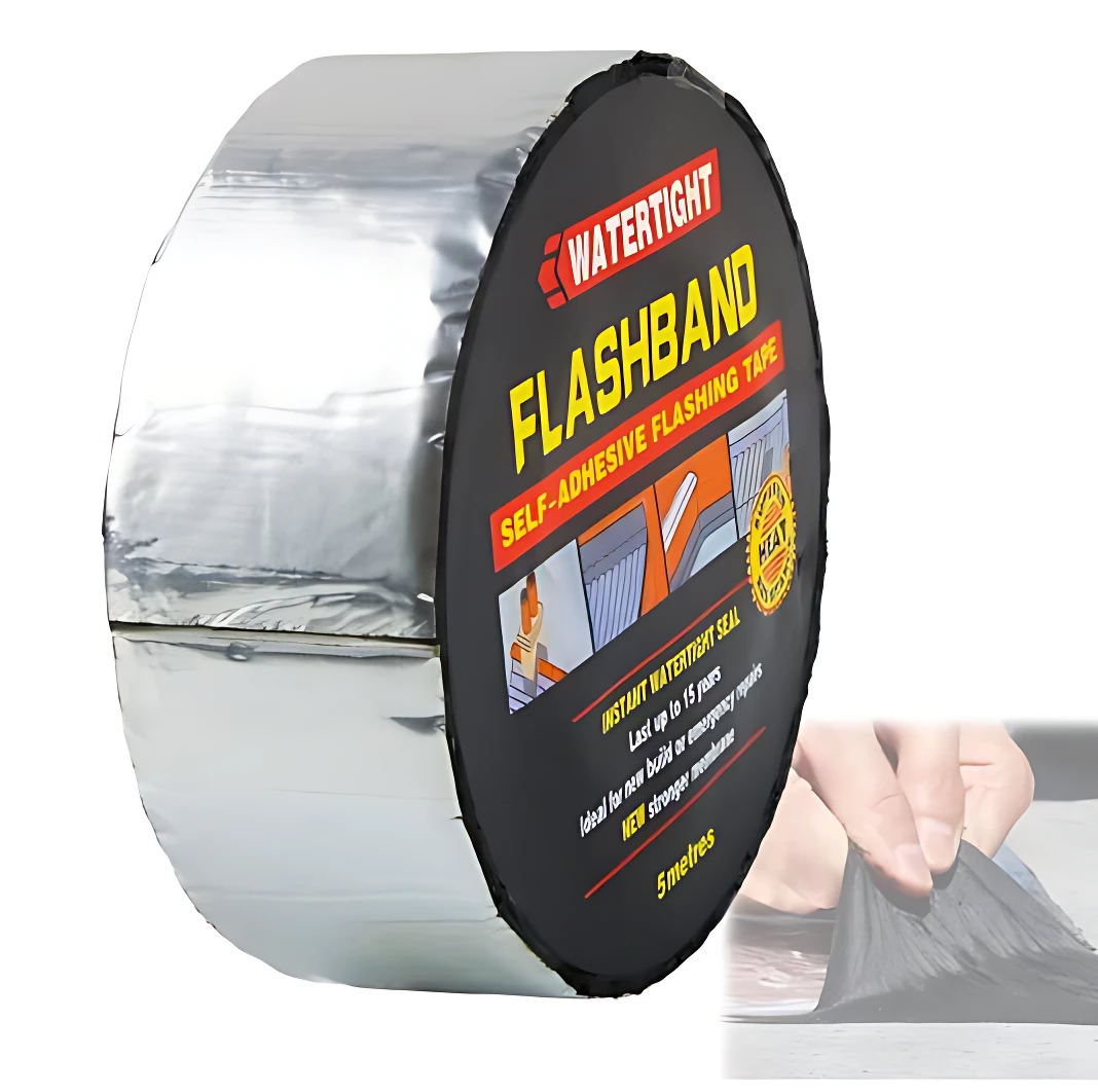 Cinta de aluminio autoadhesiva impermeable, rollo de 5 metros con etiqueta negra que indica resistencia hasta 15 años.