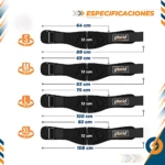 Cinturón de levantamiento de pesas negro, tallas S, M, L, XL, con medidas de 64-108 cm y 12 cm de ancho.