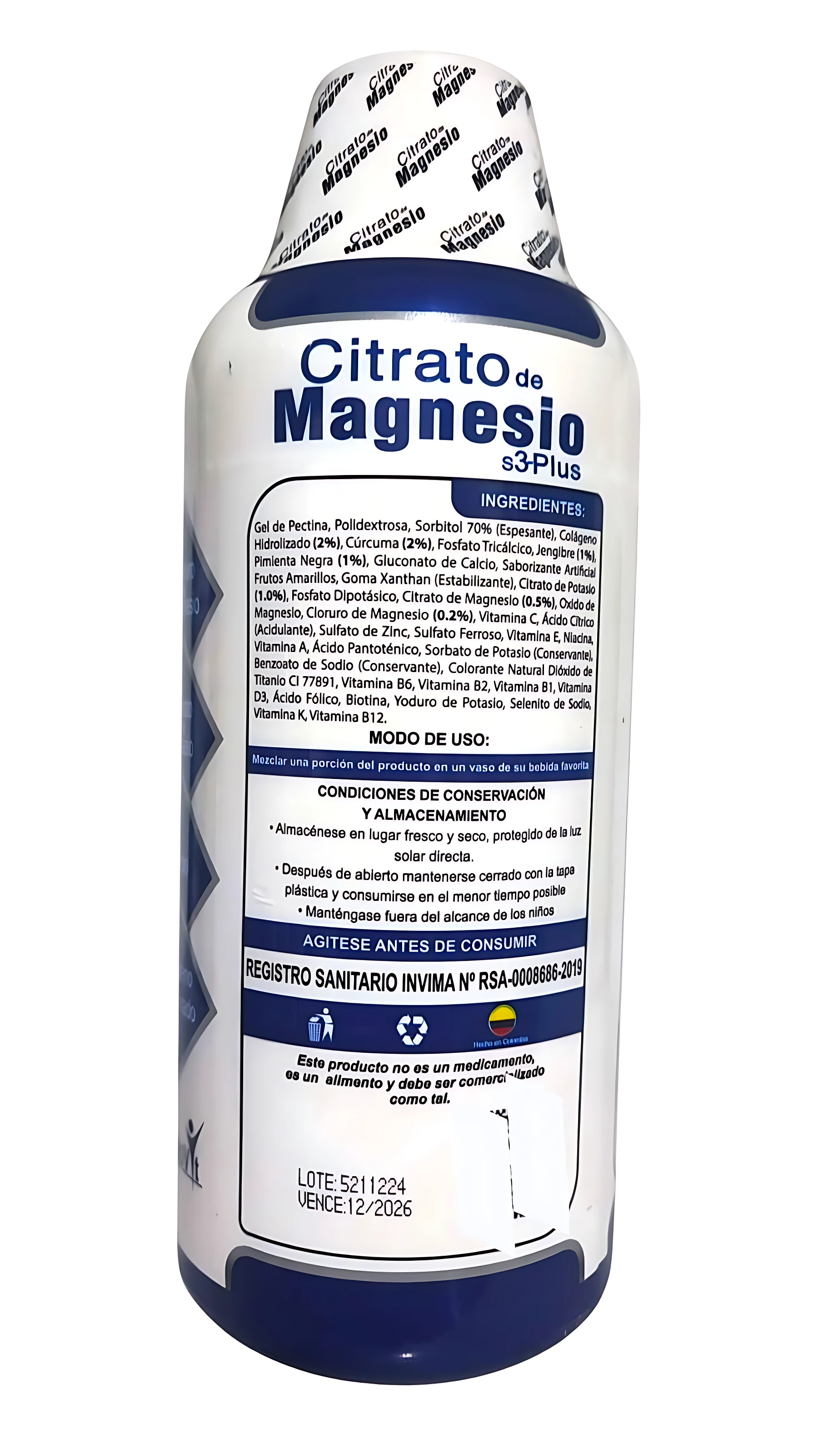 Botella de Citrato de Magnesio líquido 1000ml con colágeno, cúrcuma y jengibre, etiqueta azul y blanca con información nutricional y de uso.