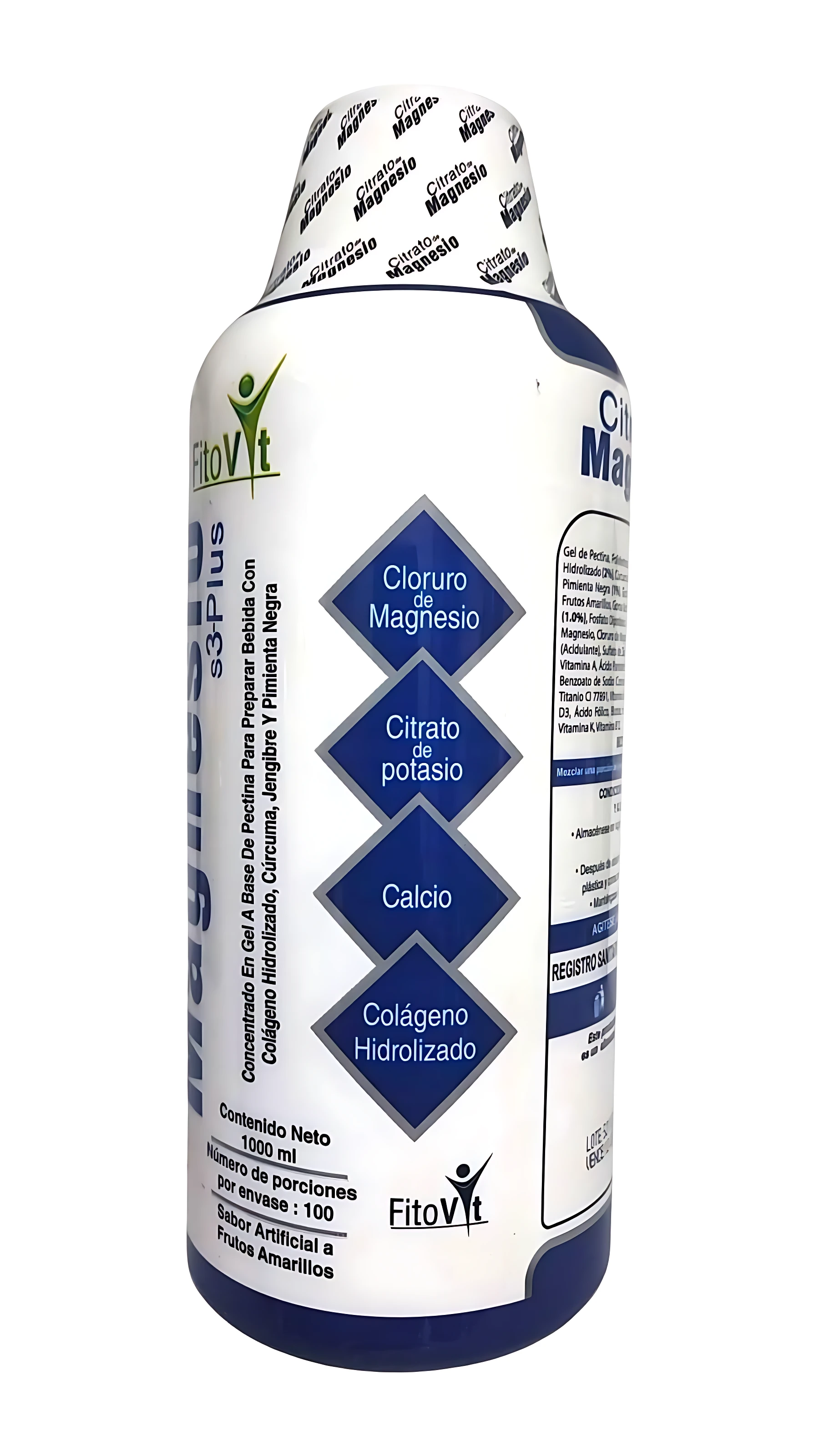 Botella de Citrato de Magnesio líquido 1000ml FitoVit con colágeno, cúrcuma y jengibre.