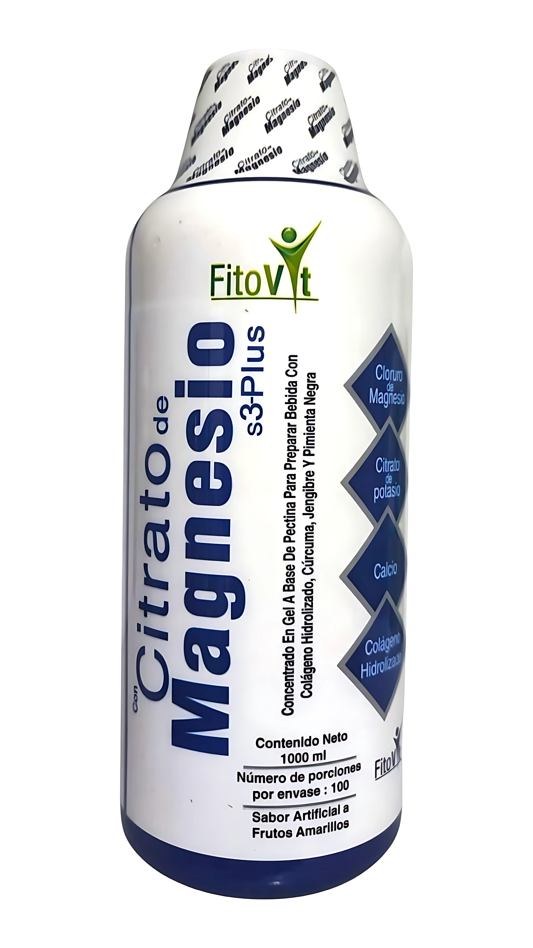 Botella de Citrato de Magnesio Líquido 1000ml FitoVit S3Plus con colágeno, cúrcuma y jengibre.