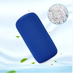 Cojín cervical azul ergonómico de microperlas, ideal para aliviar tensión y mejorar postura.
