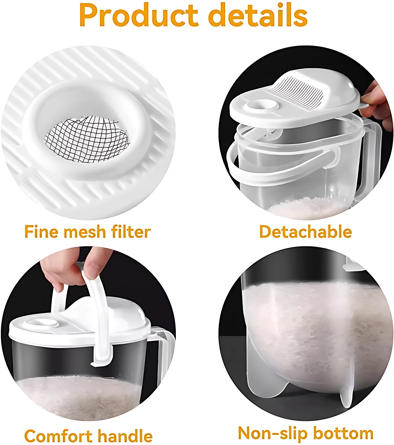 Colador cuenco ecológico blanco con filtro de malla fina, asa ergonómica y base antideslizante; muestra detalles como tapa desmontable y capacidad para lavar arroz sin ensuciar fregadero.