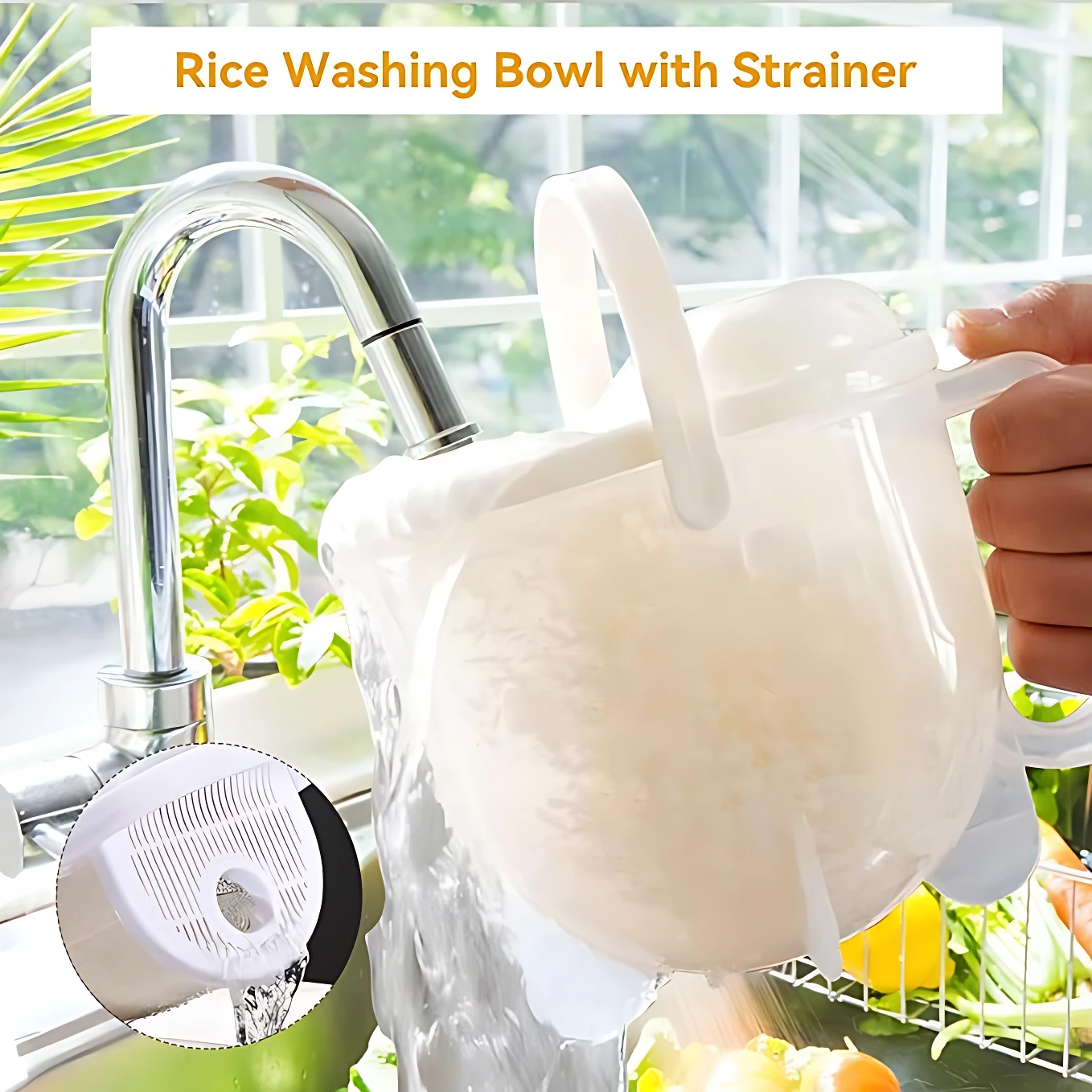 Colador cuenco blanco con asa, en uso bajo grifo de cocina, lavando arroz; incluye filtro inferior visible en recuadro.