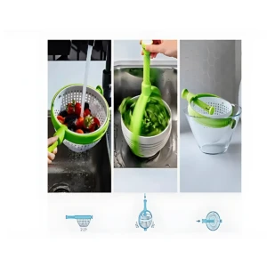 Colador giratorio verde con mango plegable, en uso bajo grifo y secando frutas en colador blanco; incluye diagrama de funcionamiento.