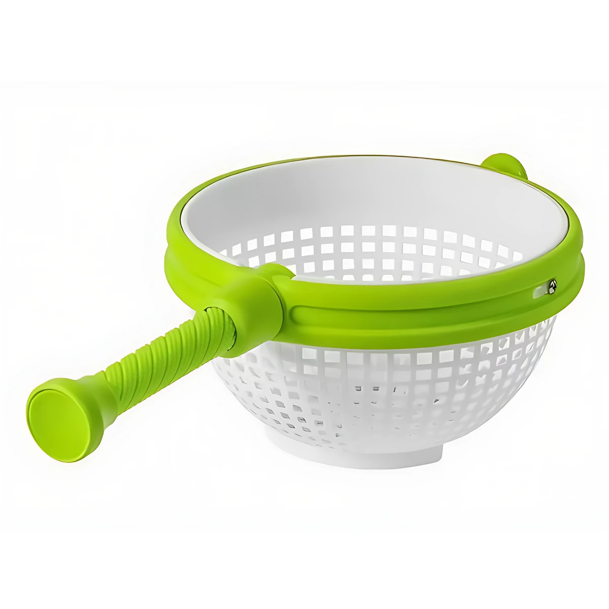 Colador multifuncional giratorio con mango plegable en verde lima y blanco, con rejilla de drenaje y asa ergonómica para secar alimentos sin salpicaduras.
