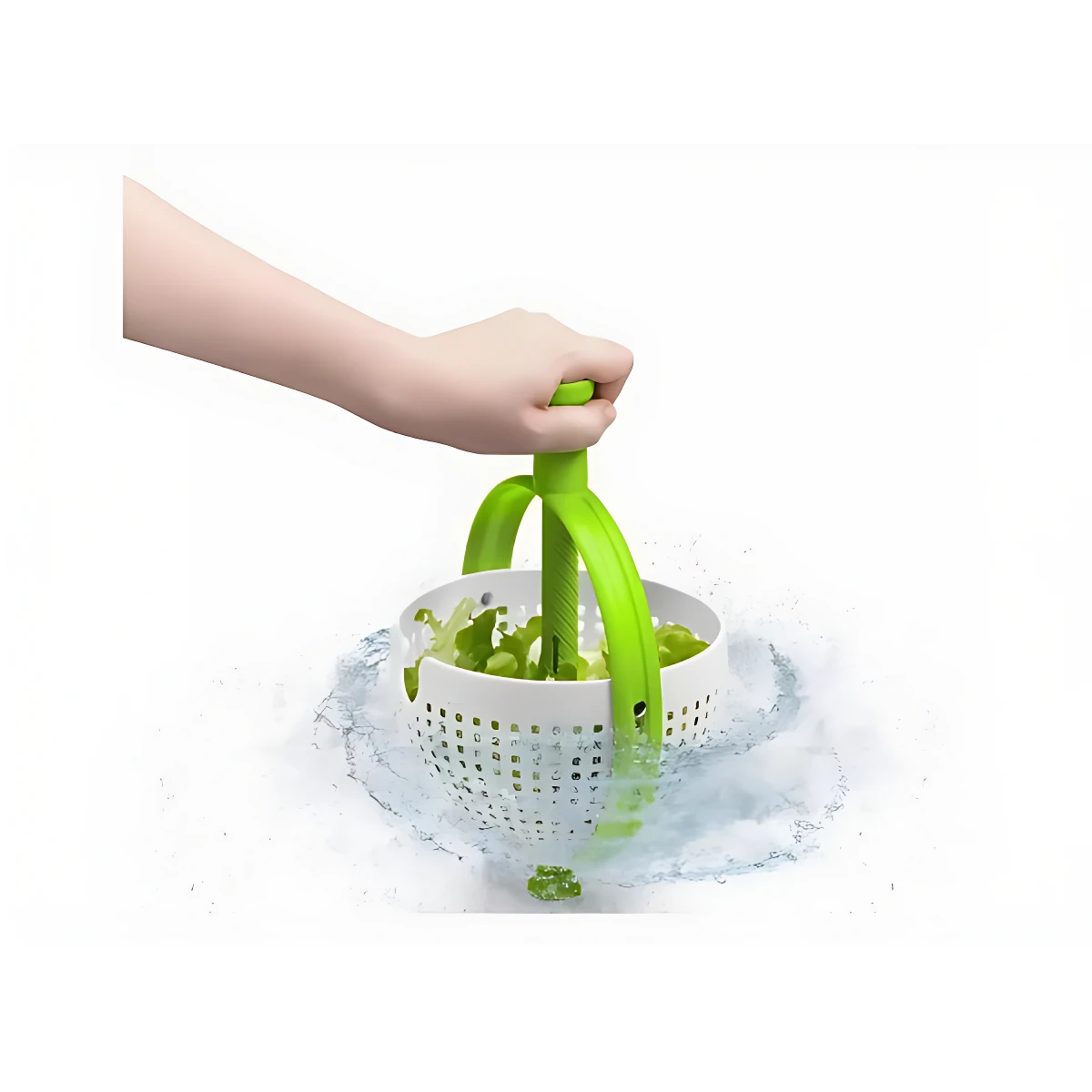 Mano sosteniendo mango verde de colador giratorio con frutas verdes dentro, sumergido en agua con salpicaduras visibles.
