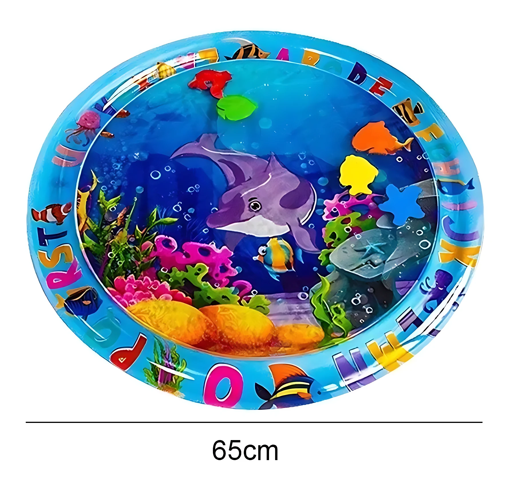 Colchoneta inflable ovalada de 65 cm con diseño submarino en tonos azules, amarillos y rosas; incluye delfín, peces, corales y letras del alfabeto para estimulación sensorial.