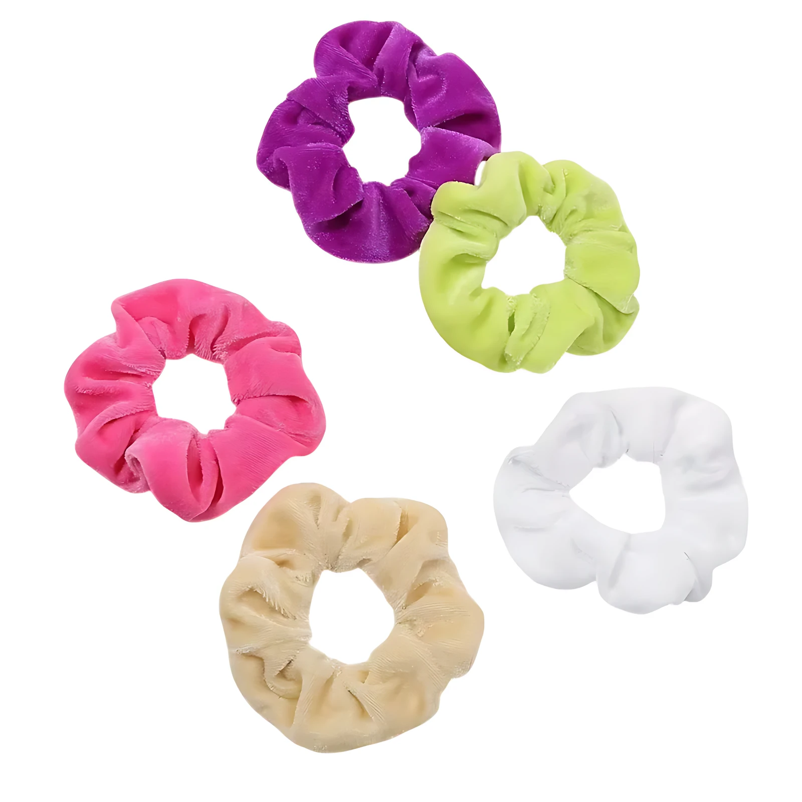 Pack 5 coleteros de terciopelo: morado, verde lima, fucsia, beige y blanco. Suaves y protectores para el cabello.