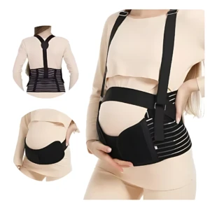 Faja materna con tirantes y soporte lumbar, color negro. Ayuda a aliviar dolores del embarazo.