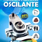 Convertidor metálico para amoladora angular, con base oscilante y accesorios incluidos: llave, disco de corte, cepillo y guía. Ideal para corte y desoxidación en madera y metal.