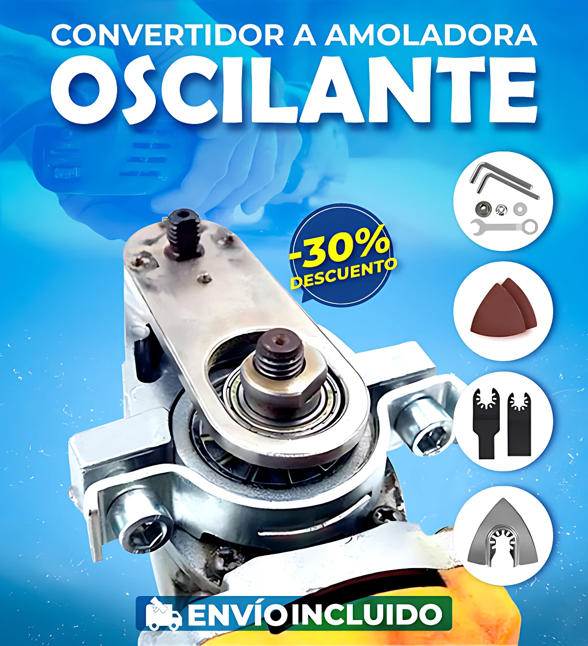 Convertidor metálico para amoladora angular, con base oscilante y accesorios incluidos: llave, disco de corte, cepillo y guía. Ideal para corte y desoxidación en madera y metal.