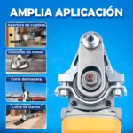 Convertidor a herramienta oscilante para amoladora angular, con cabezal metálico plateado y base amarilla, mostrando detalles de corte en madera, metal y clavos.
