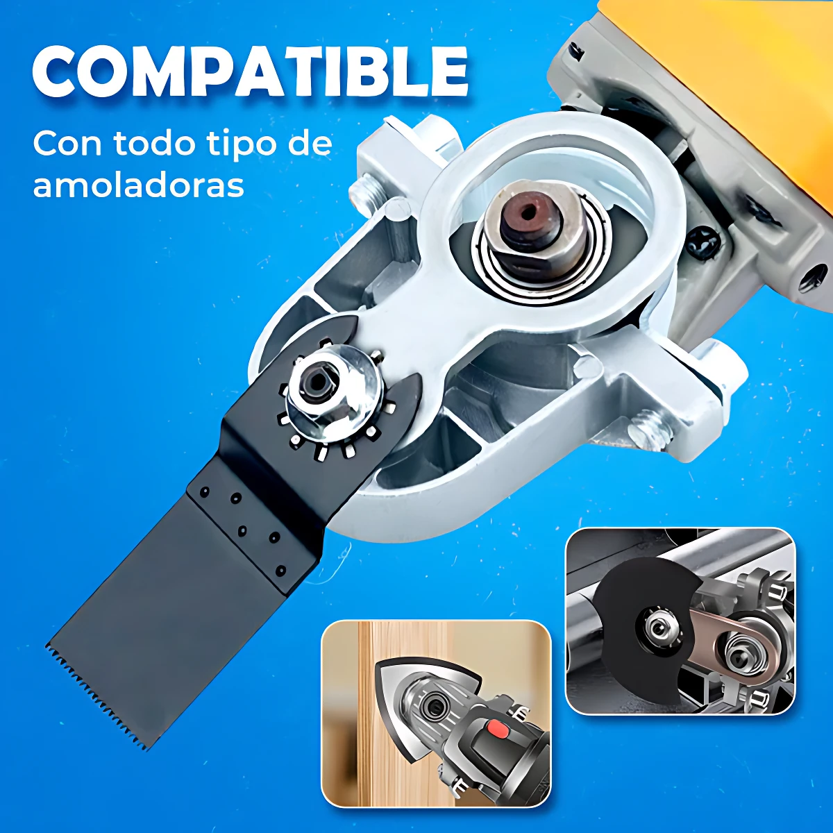 Convertidor a herramienta oscilante para amoladora angular, compatible con todo tipo de amoladoras. Muestra el adaptador en color gris claro con una hoja de sierra negra, junto a dos vistas adicionales: una cortando madera y otra mostrando el mecanismo interno.