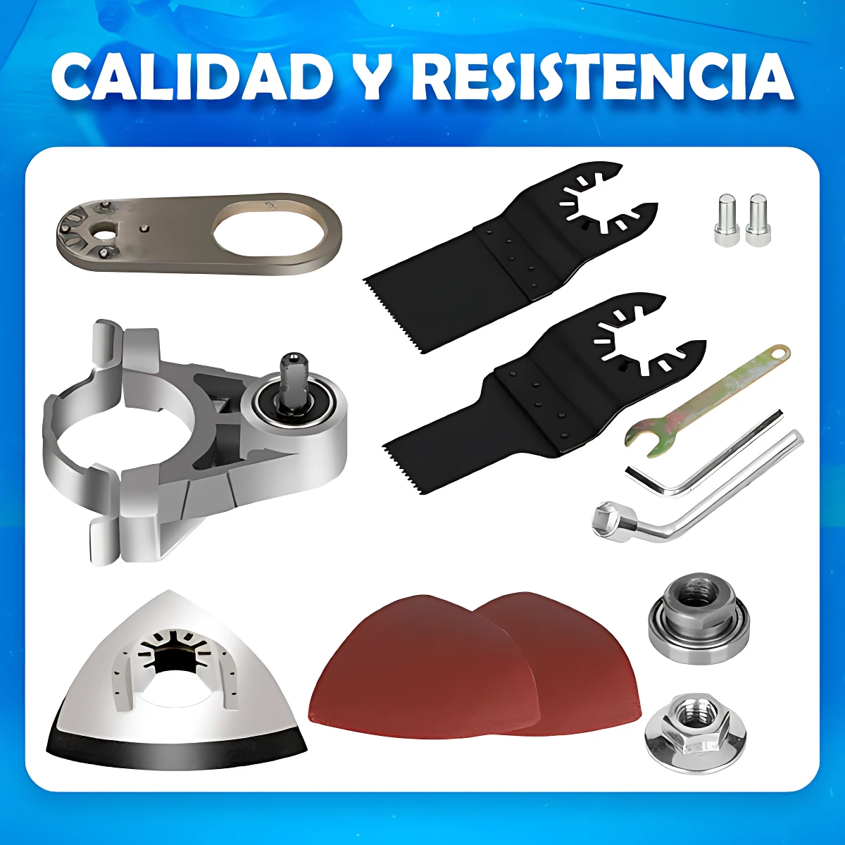Kit de accesorios para amoladora angular: dos hojas oscilantes, abrazadera metálica, base triangular, dos discos de lija rojos, dos tornillos, llave y dos tuercas.