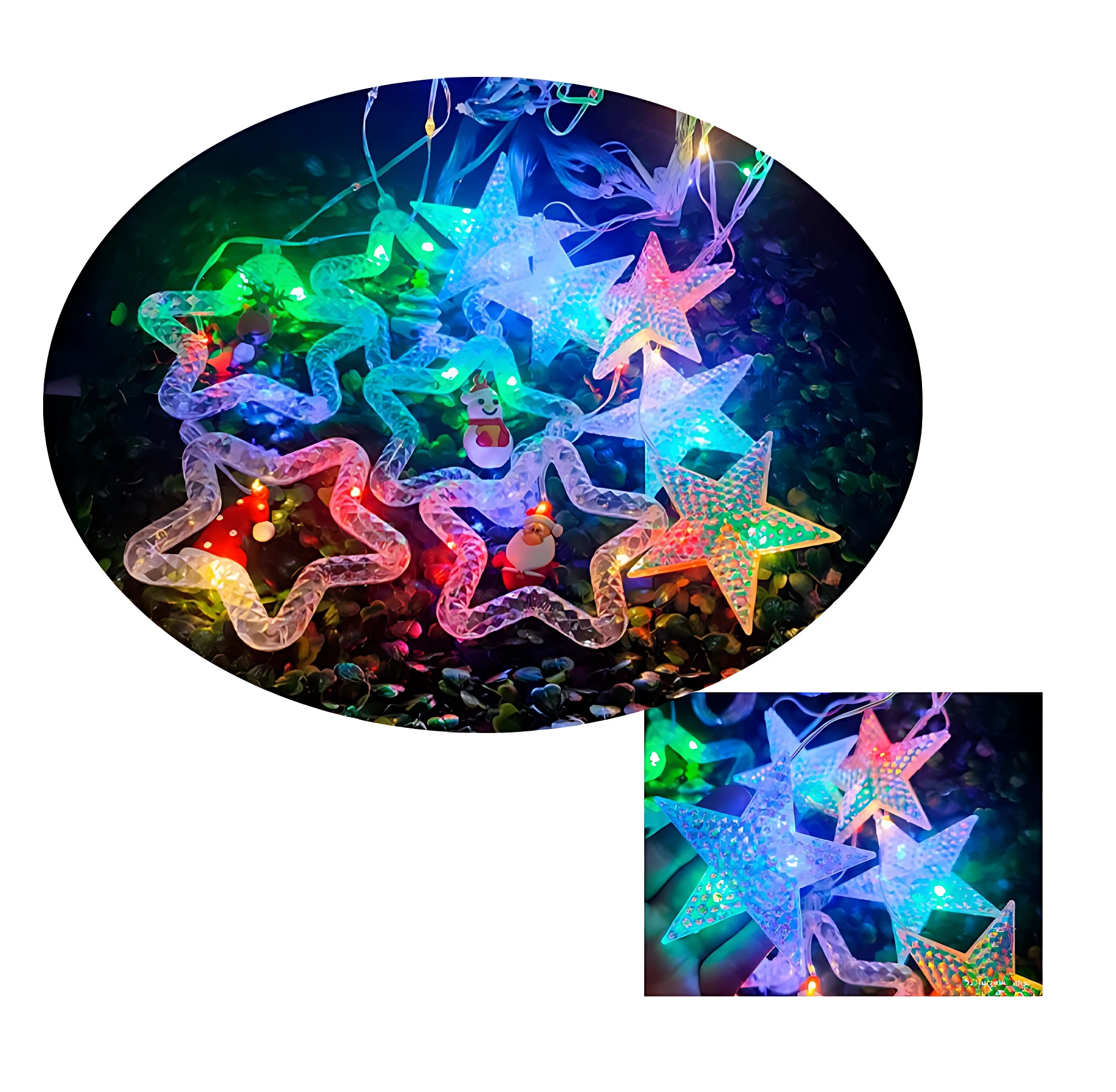 Cortina de luces LED encendidas con estrellas multicolor y figuras navideñas como un muñeco de nieve y Santa Claus.