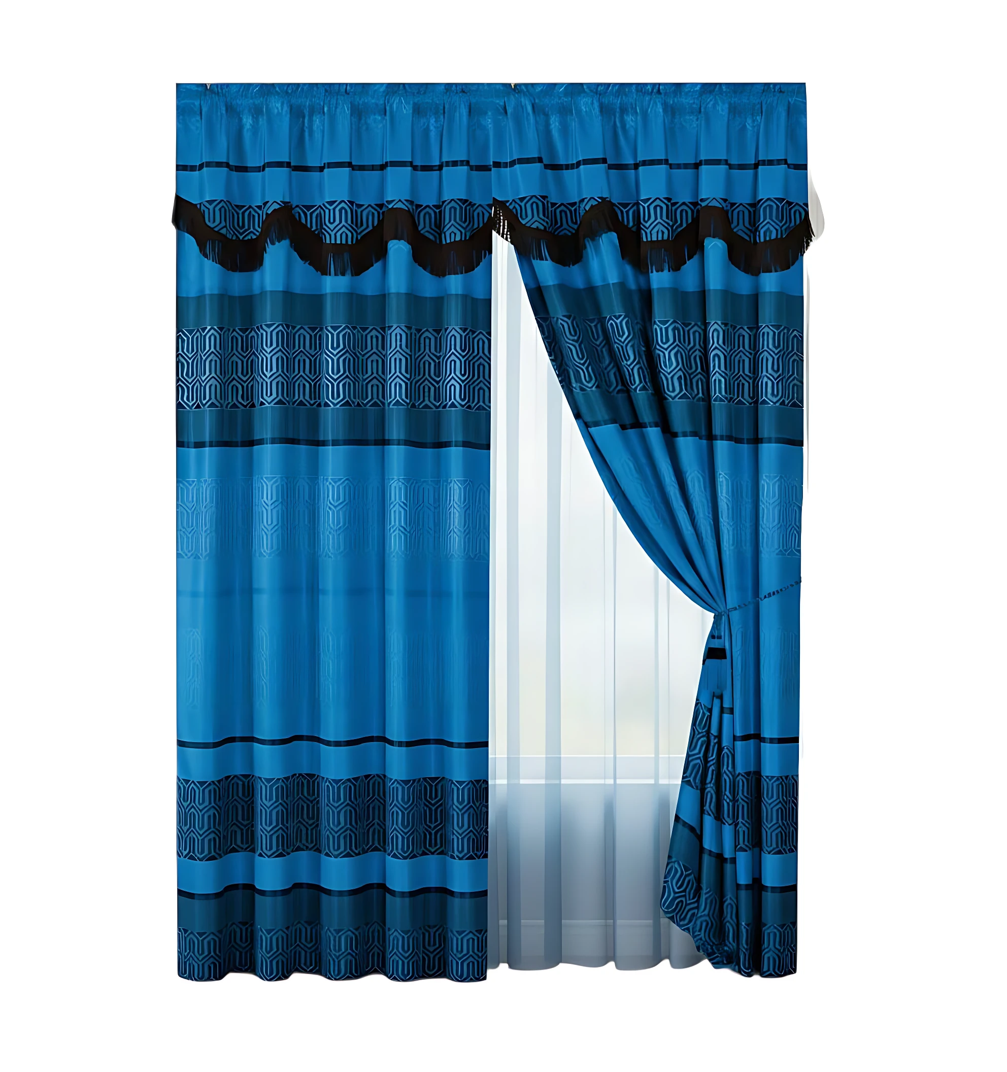 Cortina de poliéster azul con cenefa negra y velo blanco, diseño a rayas horizontales con textura geométrica, colgada en ventana.