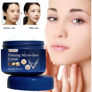 Crema reafirmante facial JAYSUING en envase azul, con antes y después de uso, 30g.