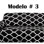 Funda elástica protectora para sofá en color negro con estampado blanco tipo trencadís, vista frontal completa. Modelo #3.
