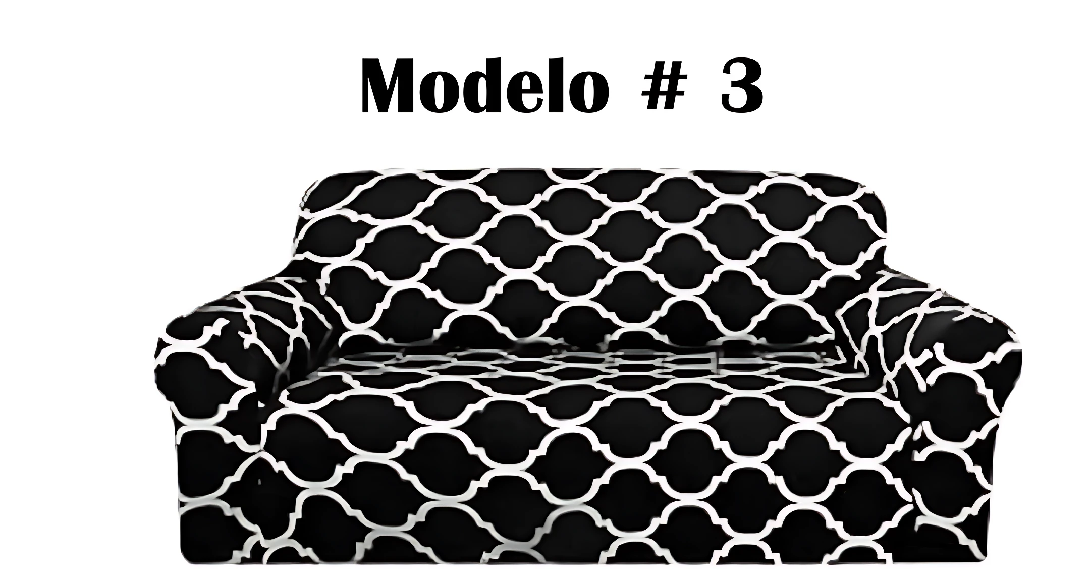 Funda elástica protectora para sofá en color negro con estampado blanco tipo trencadís, vista frontal completa. Modelo #3.
