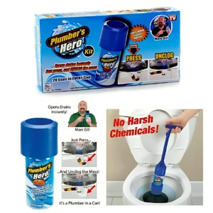 Caja azul del kit Plumber's Hero con destapador de tuberías. Se muestra el producto enlatado azul, diagramas de uso y una persona usando el pistón de goma en un inodoro blanco. Texto promocional.