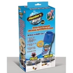 Caja del kit de destapador de tuberías Plumber's Hero. Presentación en ángulo mostrando el envase azul con el dispositivo cilíndrico y accesorios. Texto indica apertura instantánea de desagües sin químicos.