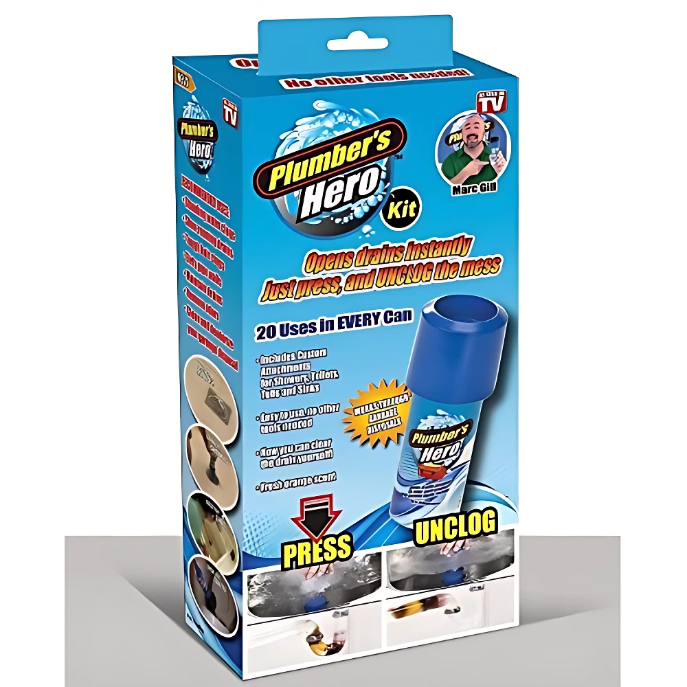 Caja del kit de destapador de tuberías Plumber's Hero. Presentación en ángulo mostrando el envase azul con el dispositivo cilíndrico y accesorios. Texto indica apertura instantánea de desagües sin químicos.