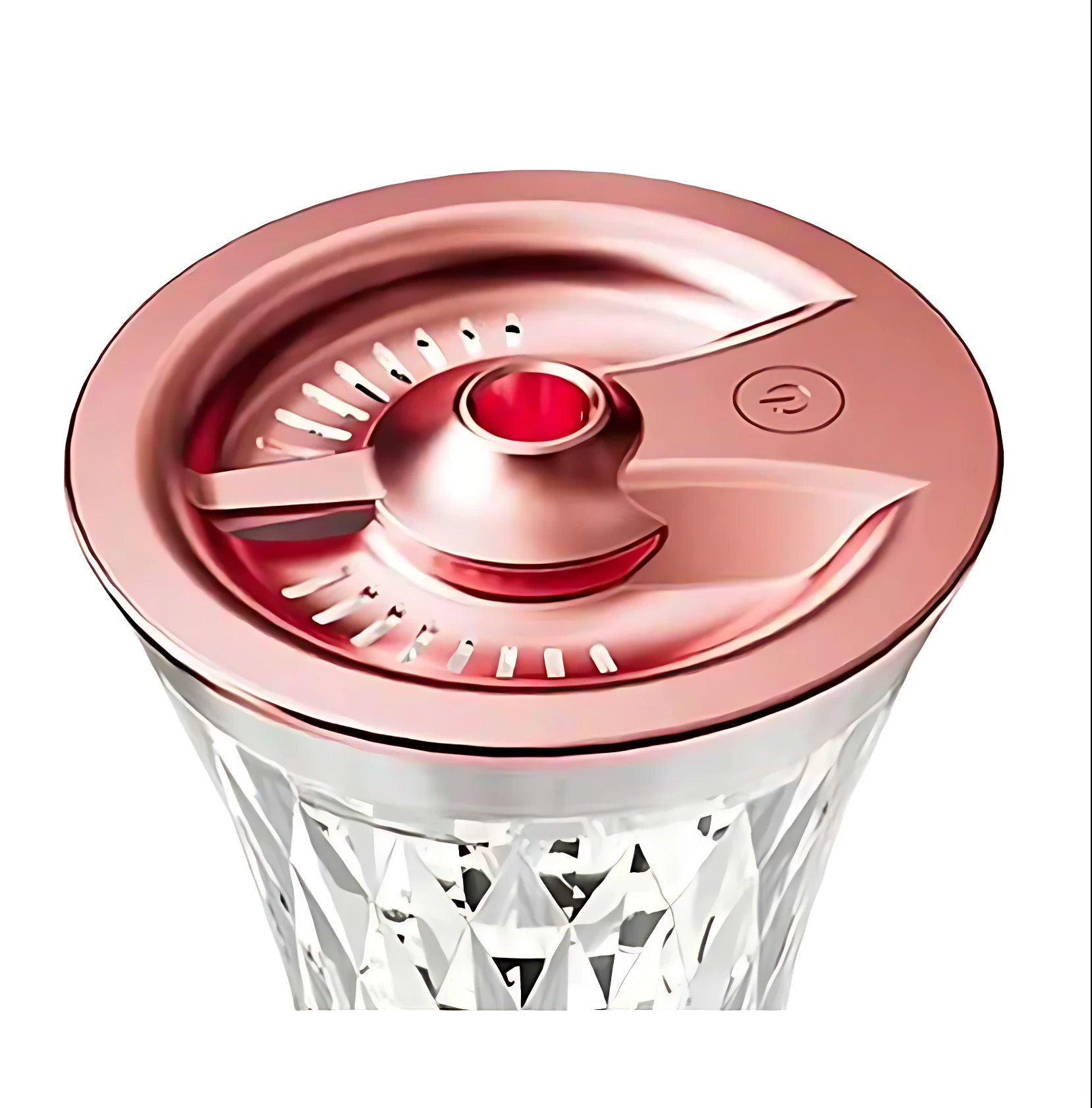 Difusor ultrasónico aroma en jarra de cristal tallado con tapa metálica rosa, luz LED roja visible y botón de encendido.