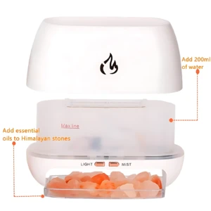 Difusor ultrasónico chimenea blanco con piedras himalayas, luz nocturna y función de niebla. Incluye instrucciones para añadir agua y aceites esenciales.