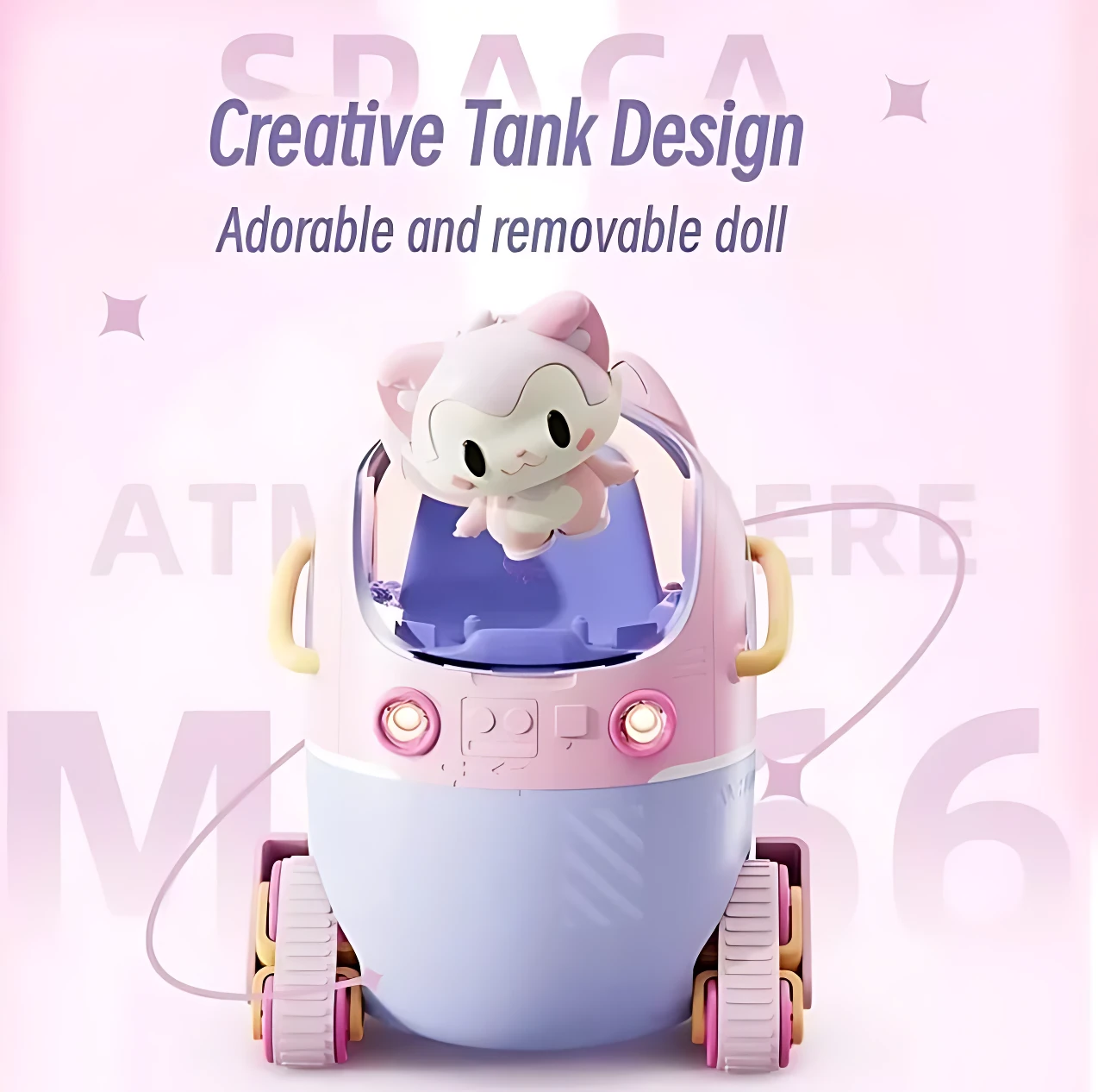 Difusor aromático con diseño de tanque espacial color rosa y azul. Incluye un personaje de peluche blanco dentro de la cúpula transparente. Cuenta con luces frontales encendidas y ruedas de tanque en la base. Vista frontal.