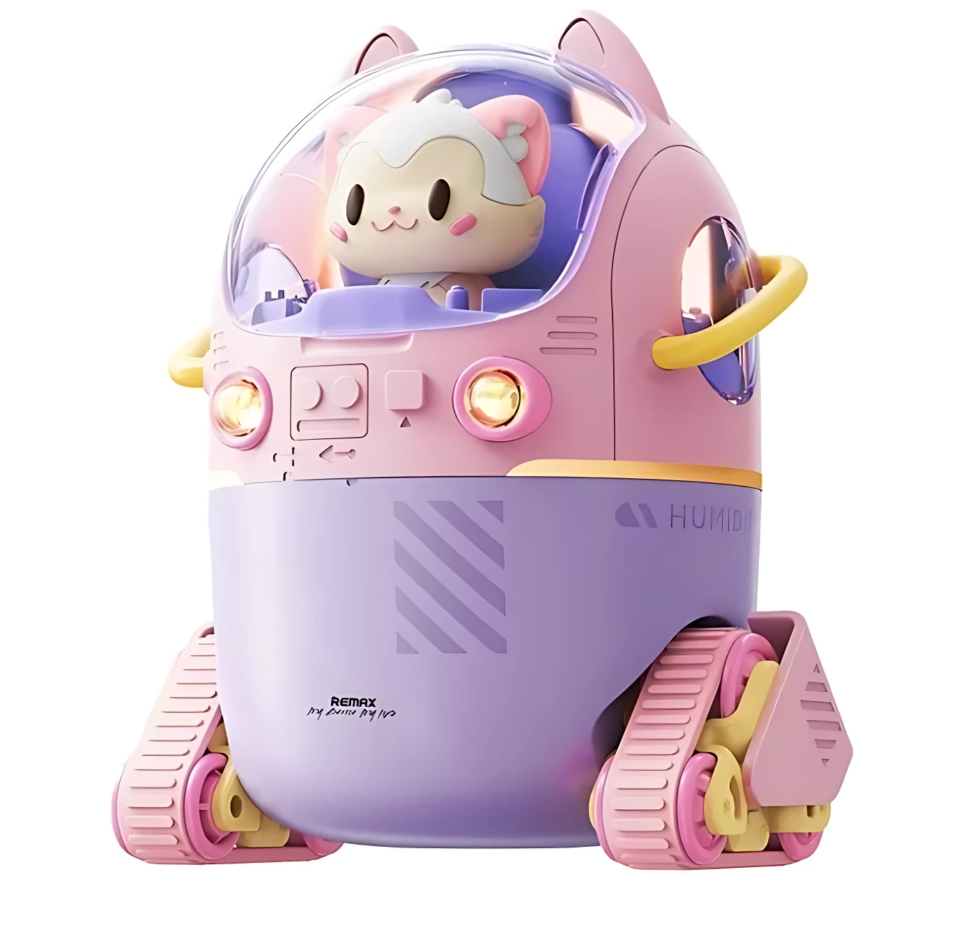 Difusor de ambiente Remax en tonos rosa y lila con diseño de robot futurista. Muestra un personaje de gato en el casco transparente, luces frontales encendidas y base con orugas móviles.