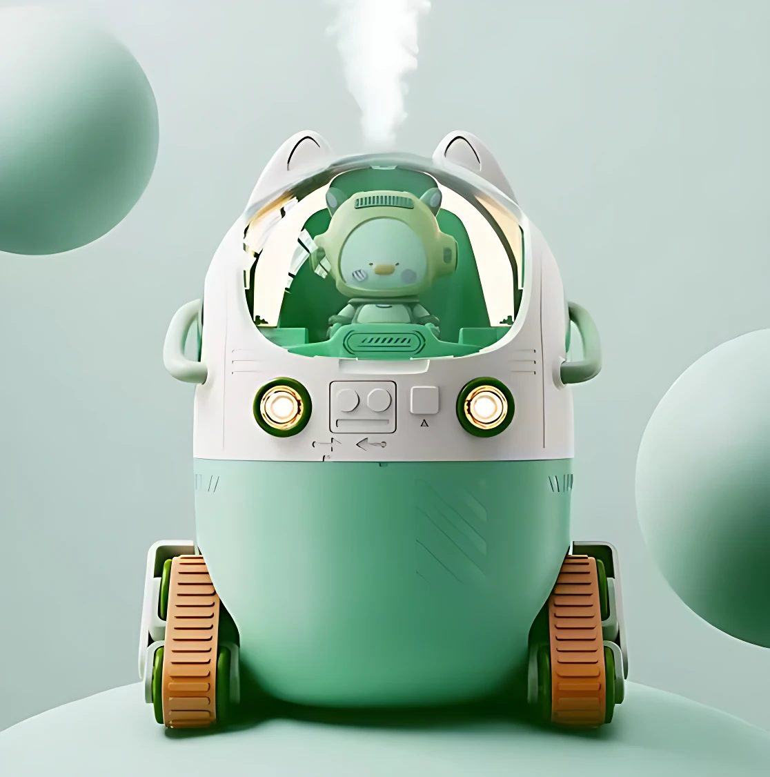 Difusor de aromas USB con diseño de nave espacial verde menta y blanco. Cuenta con luces frontales amarillas encendidas, ruedas de tanque naranjas y un personaje astronauta dentro de la cabina. Vista frontal.