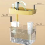 Diagrama técnico del dispensador automático de agua para mascotas, mostrando su sistema de filtrado interno, depósito transparente y mecanismo de llenado superior en color amarillo.