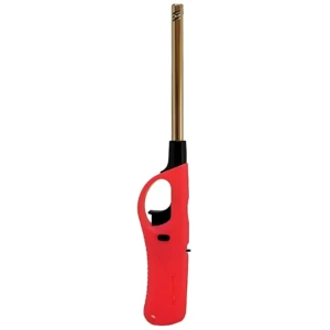Encendedor briquet recargable rojo con boquilla dorada, ideal para estufa.
