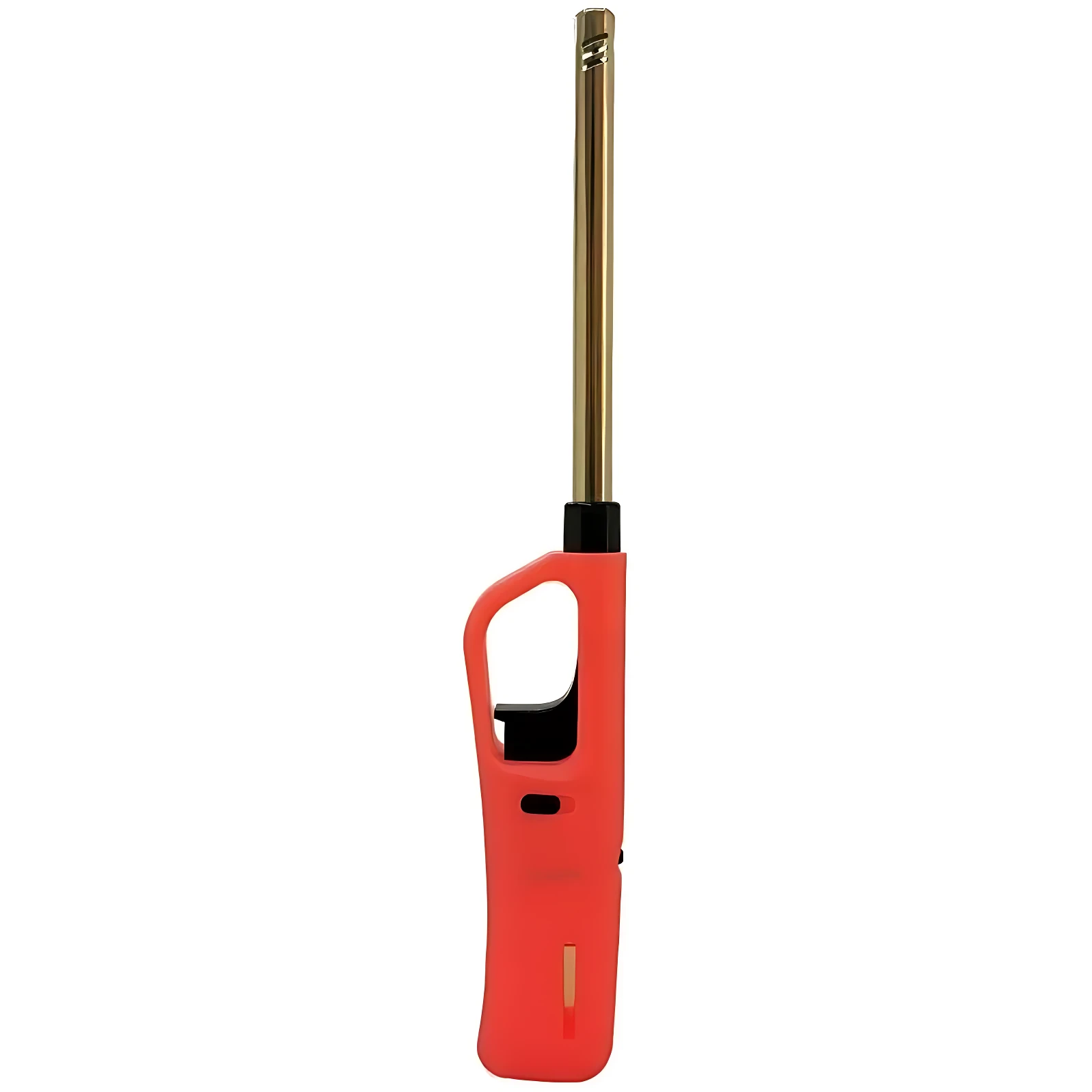 Encendedor briquet recargable rojo con boquilla dorada para estufa, diseño ergonómico.
