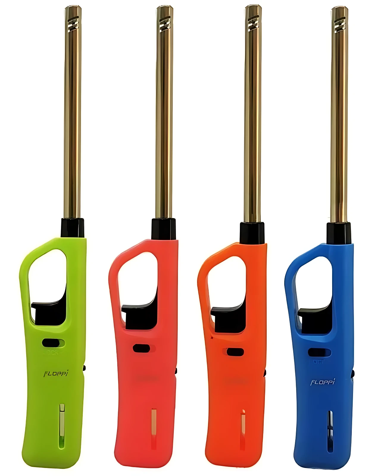 Set x2 encendedores briquet recargables para estufa, colores verde, rojo, naranja y azul, con tubo dorado.